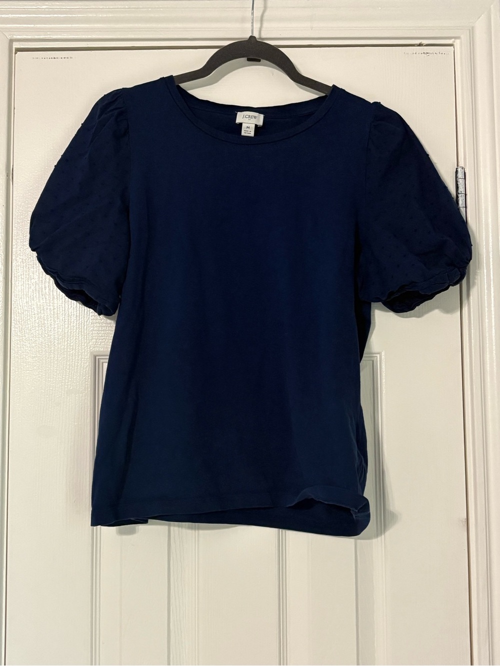 J. Crew Navy Puff-Sleeve Dot-Swiss Knit Top